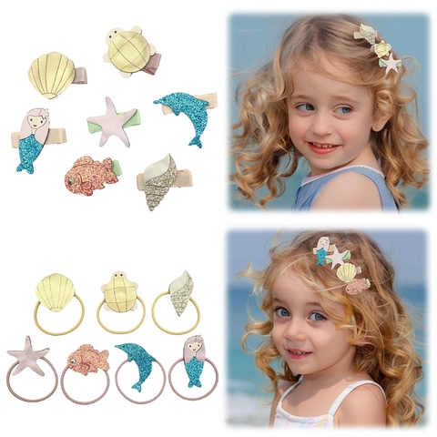 Ensemble de Barrettes et Élastiques à Cheveux Thème Océan pour Filles Sirène Coquillage Étoile de Mer Accessoires de Cheveux