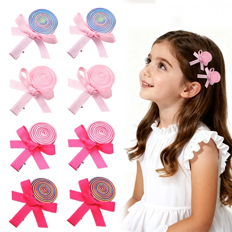 Handgefertigte Kinder Lutscher Schleife Haarklammer Polyester Ripsband Süße Süßigkeiten Entenschnabelklemme Pink Regenbogen Mädchen Haarschmuck