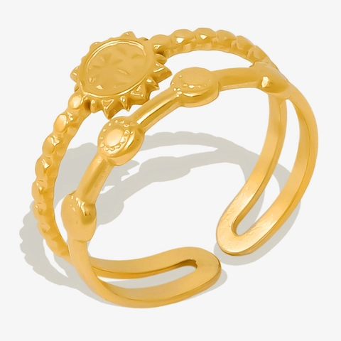Fashion Sun Double Layer Open Ring For Women Minimalist Adjustable 304 Stainless Steel Gold Plated Bead Texture Finger Ring Jewelry