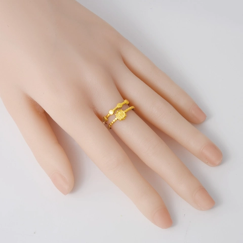 Fashion Sun Double Layer Open Ring For Women Minimalist Adjustable 304 Stainless Steel Gold Plated Bead Texture Finger Ring Jewelry