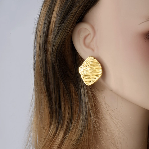 Minimalistische 304 Roestvrij Stalen Ruit Textuur Oorknopjes Dames Goud Zilver Verguld Geometrisch Gehamerd Golf Sieraden Cadeau