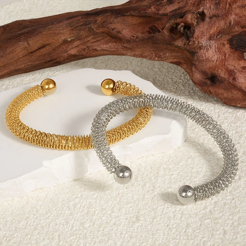 Stainless Steel 18K Gold Plated C Shape Open Adjustable Coil Spiral Wire Wrapped Mesh Bangle Bracelet For Women Jewelry