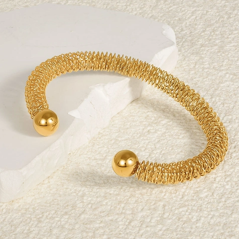 Stainless Steel 18K Gold Plated C Shape Open Adjustable Coil Spiral Wire Wrapped Mesh Bangle Bracelet For Women Jewelry