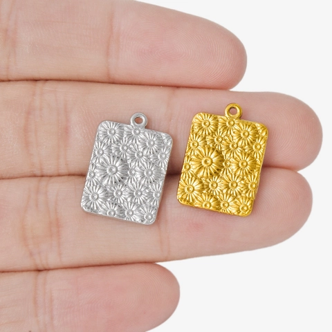 304 Edelstahl Gänseblümchen-Reliefanhänger Rechteck Gold Silber Plattiert Blumenschild DIY Schmuckherstellung Zubehör Für Halskette