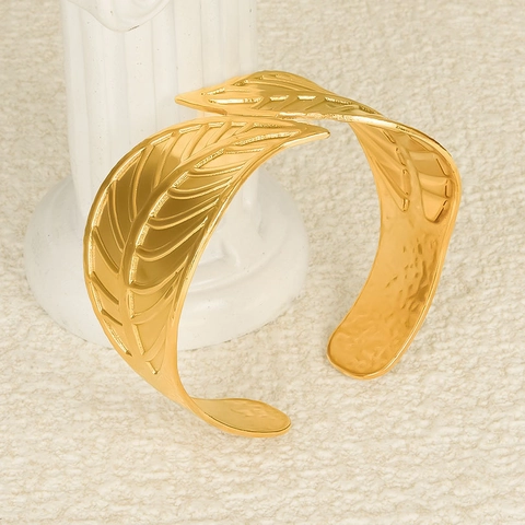Verstellbares Edelstahl Doppelblatt Offenes Manschettenarmband Für Damen 18K Vergoldet Personalisiertes Modeschmuck Armreif Geschenk