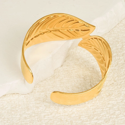 Verstellbares Edelstahl Doppelblatt Offenes Manschettenarmband Für Damen 18K Vergoldet Personalisiertes Modeschmuck Armreif Geschenk