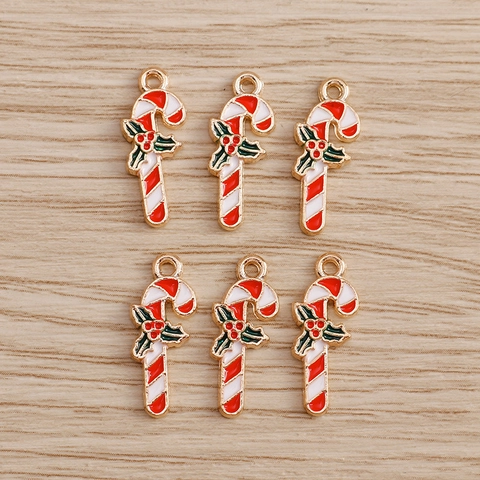 Alloy Drip Oil Enamel Christmas Candy Cane Pendants Red White Stripe Holly Leaf Charms For DIY Jewelry Making Accessories