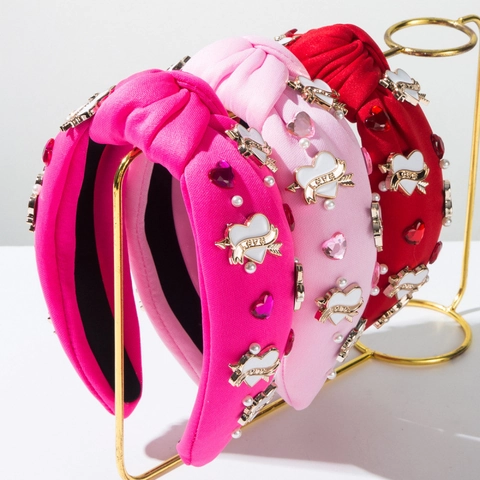 Cerchietto in Tessuto Annodato per San Valentino Cuore in Lega Freccia di Cupido Perla Artificiale Strass Accessorio per Capelli Dolce Romantico per Donna