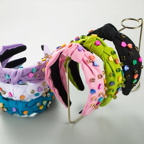 Süßer Geknoteter Breiter Stoff Haarreif Für Damen Bunter Strass Herz Dekor Haarband Valentinstag Koreanischer Haarschmuck