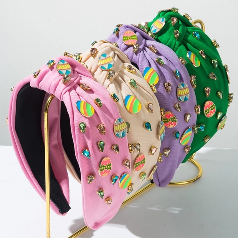 Diadema con Nudo de Huevo de Pascua y Strass Banda de Tela con Amuletos de Esmalte Cristal Colorido Accesorios para el Cabello de Mujer