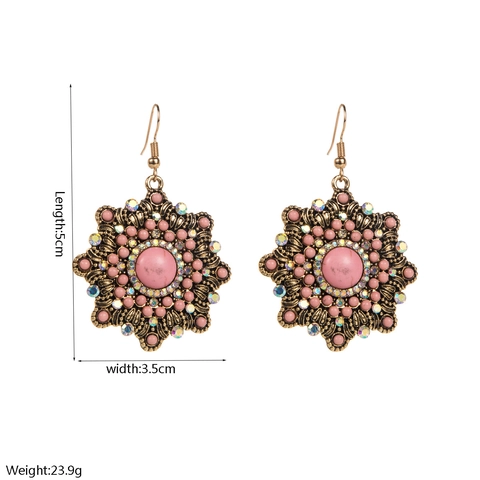 Boucles d'Oreilles Pendantes Bohème Vintage en Alliage Rose Texture Turquoise Pour Femmes Western Géométrique Fleur Incrustée de Strass Crochet d'Oreille Bijoux