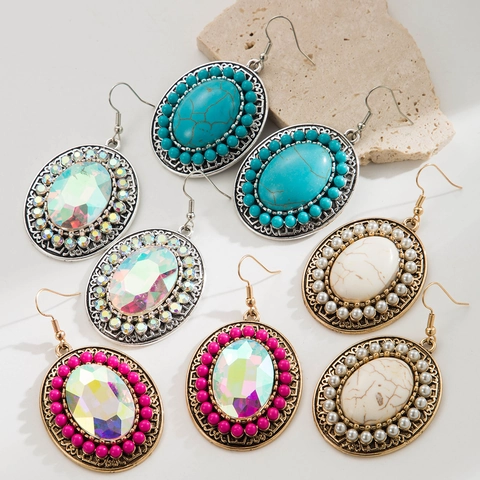 Boheemse Oversized Legering Oorbellen Met Turkoois Strass Ingelegd Vintage Etnische Oorbellen Voor Vrouwen Feest Sieraden