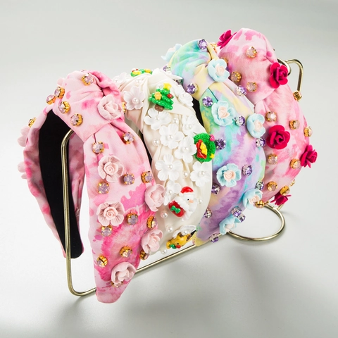 Women's Tie Dye Knotted Wide Headband With 3D Flower Rhinestone Artificial Pearl Christmas Valentine Holiday Hair Accessories