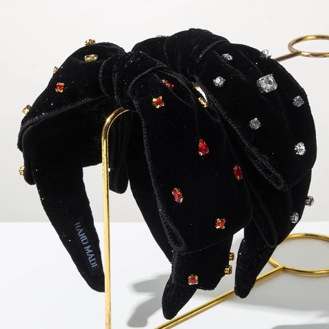 Women Retro Velvet Wide Headband Elegant Rhinestone Embellished Knot Bow Design Handmade Hair Accessory For Party Wedding
