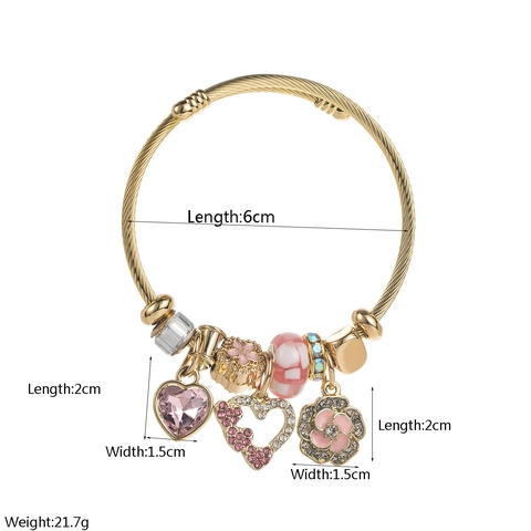 Edelstahl Gold Überzogene Charm Armband Verstellbar Offener Armreif Blume Herz Emaille Strass Perlen Schmuck Für Damen
