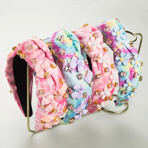 Cerchietto Annodato in Tessuto Tie-Dye per Donna Con Strass Dolce Fiocco Decorazioni Floreali Accessori per Capelli Moda Regalo di San Valentino