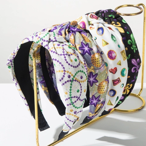 Diadema con Nudo de Mardi Gras para Mujer Estampado de Carnaval Tela Banda para el Pelo con Strass Accesorios para el Cabello de Fiesta Retro