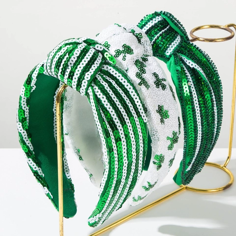 St Patricks Day Shamrock Sequin Knotted Headband Green White Striped Sparkly Hair Accessories For Women Party Supplies