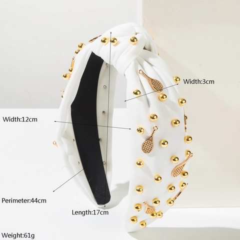 Fashion Knotted Wide Headband Fabric Hairband With Faux Artificial Pearl Gold Metal Sports Charm Tennis Golf Club Studded Accessory