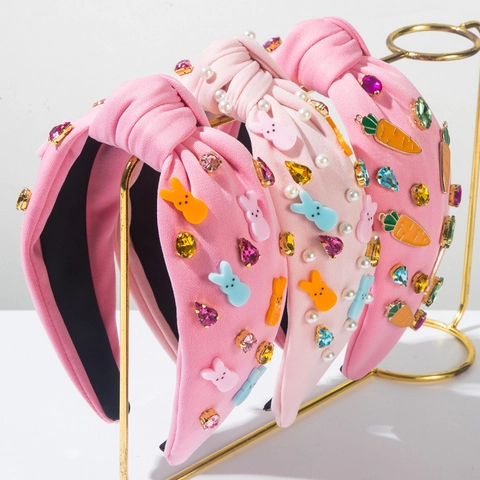 Ostern Strass Hase Karotte Haarreif Süß Rosa Stoff Strick Haarband Mit Künstliche Perle Für Damen Feiertag Haarschmuck