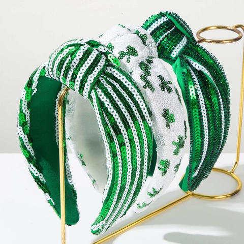 Cerchietto Annodato con Paillettes a Trifoglio per San Patrizio Righe Verde Bianco Accessori per Capelli Donna Festa