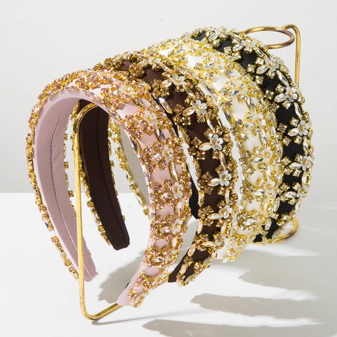 Baroque Vintage Wide Padded Headband For Women Luxury Flower Rhinestone Hair Hoop Retro Banquet Party Hair Accessories