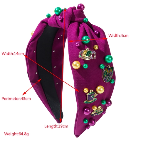 Mardi Gras Knotted Headband For Women Alloy Charms Artificial Pearl Beaded Wide Hairband Carnival Festive Hair Accessories