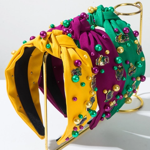 Mardi Gras Knotted Headband For Women Alloy Charms Artificial Pearl Beaded Wide Hairband Carnival Festive Hair Accessories