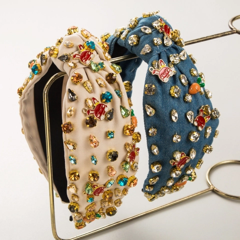 Barok Stijl Strass Brede Gewatteerde Haarband Met Konijn Wortel Bedels Pasen Haaraccessoires Voor Dames Denim Stof Knoop Band