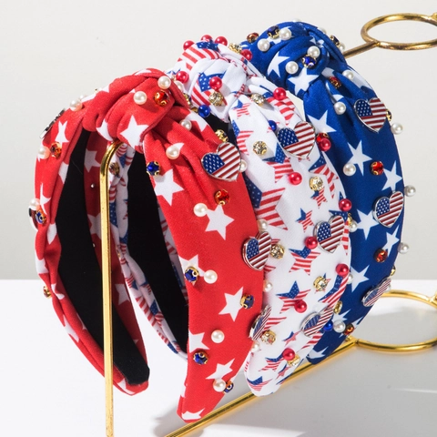 American Flag Knotted Wide Headband Stars Heart Patch Rhinestone Artificial Pearl Hair Accessories For Independence Day Women