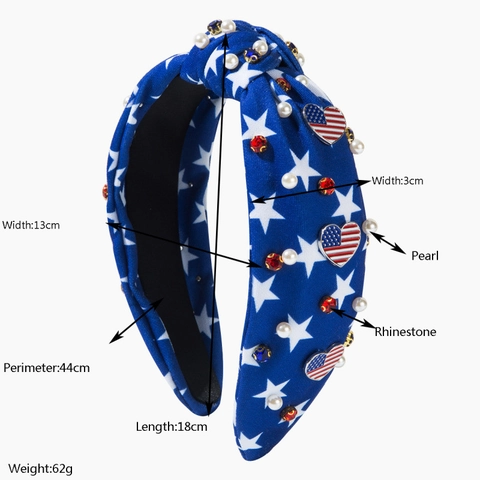 American Flag Knotted Wide Headband Stars Heart Patch Rhinestone Artificial Pearl Hair Accessories For Independence Day Women