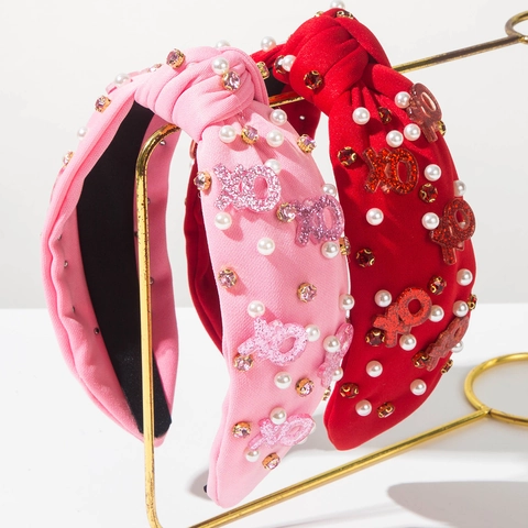 Cerchietto Largo con Nodo Lettera XOXO per San Valentino Perla Artificiale Strass in Tessuto per Festa Dolce Accessori Capelli Donna