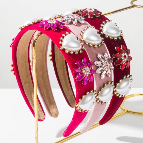 Cerchietto Barocco in Tessuto Con Fiore di Strass e Cuore di Perla Artificiale Accessori Capelli San Valentino Donna