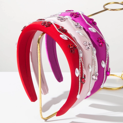 Cerchietto Imbottito in Tessuto alla Moda da Donna Retrò Barocco con Strass e Perla Artificiale Fascia Larga per Capelli Accessori Matrimonio