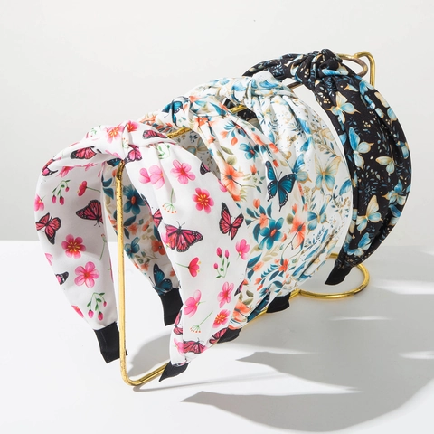 Diadema Ancha con Nudo y Estampado Floral de Mariposa Bohemia Banda para el Cabello de Tela de Moda para Mujer Accesorios para el Cabello