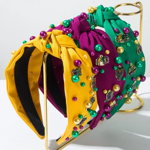 Diadema Anudada Mardi Gras para Mujer Dijes de Aleación Perlas Artificiales Banda Ancha para el Cabello Accesorios de Carnaval