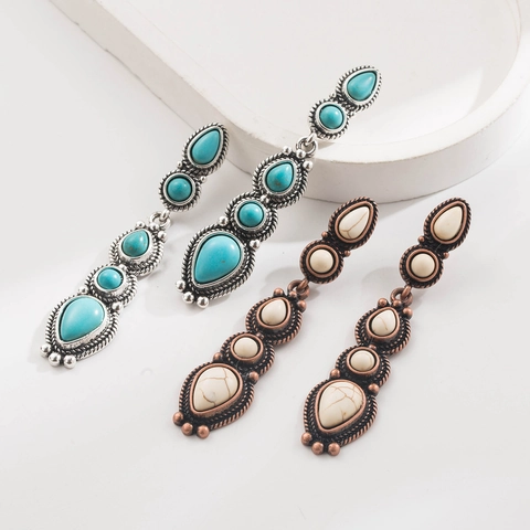 Vintage Bohemian Ethnic Turquoise Drop Earrings For Women Western Style Alloy Long Dangle Earrings Jewelry Gift