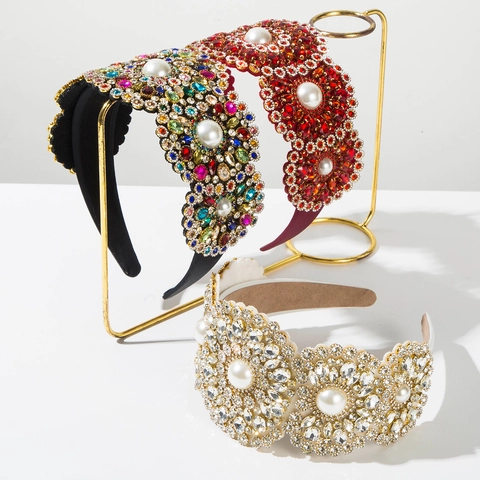 Diadema Acolchada de Perlas Artificiales y Rhinestone Barroco Retro Lujo Flor Banda Ancha para el Pelo Mujer Boda Fiesta Joyería