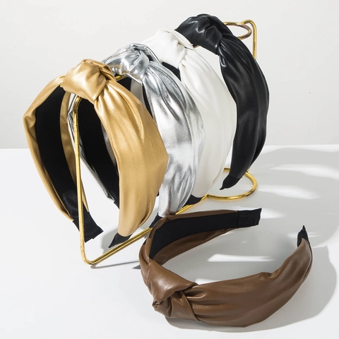 Mode Verknotet Breitband Stirnband Für Damen Einfarbig Kunstleder Haarreifen Retro Gedrehtes Haarband Styling Zubehör