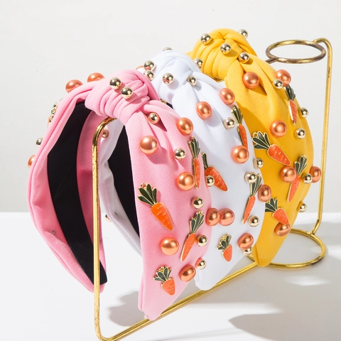 Diadema de Nudos de Pascua para Mujeres Niñas Diadema de Tela Dulce Con Perlas de Imitación Dijes de Zanahoria Accesorios para el Cabello