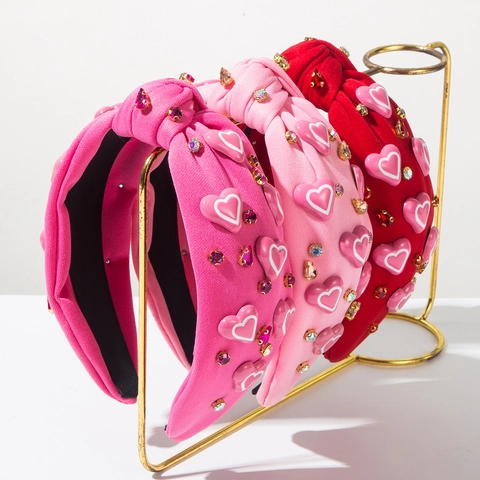 Serre-tête Large à Nœud pour Femme Avec Décoration Cœur 3D Strass Doux Serre-tête en Tissu Accessoires Cheveux pour Festival