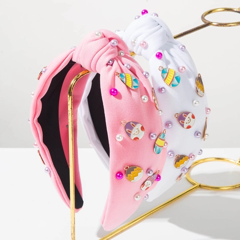 Cerchietto Largo con Nodo Pasquale Coniglio Uovo Per Donna Ragazza Tessuto Perla Artificial Pendente Smalto Accessori Capelli