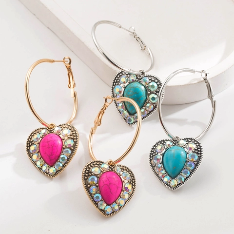 Pendientes Colgantes Corazón Bohemio Vintage Con Turquesa Diamantes de Imitación Aleación Pendientes para Mujer Joyería