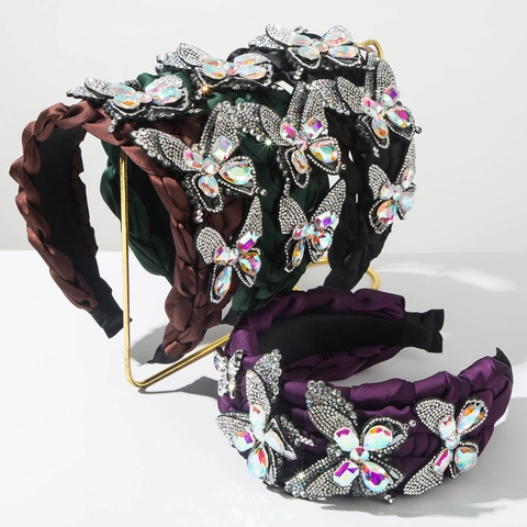 Cerchietto Largo Intrecciato Vintage Barocco per Donna Fascia per Capelli in Tessuto di Lusso con Farfalla in Strass