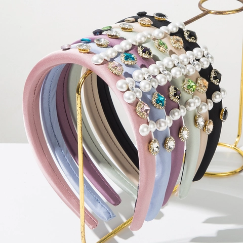 Diadema de Poliéster Vintage con Strass y Perlas Artificiales Satin Diadema Gruesa de Esponja para Mujer Joyería