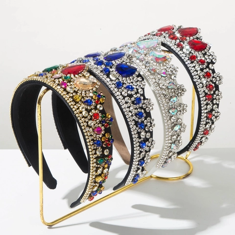 Luxury Baroque Rhinestone Tiara Headband For Women Retro Wide Brim Padded Hair Hoop Crystal Crown Hair Accessory For Wedding Party