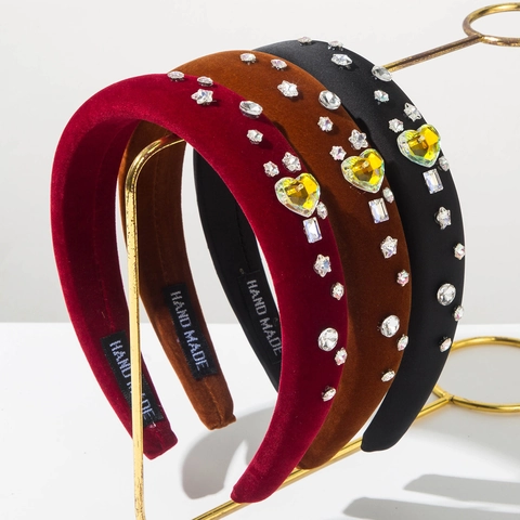 Retro Fluweel Gevoerde Haarband Met Strass Hart Ster Decoratie Brede Haarklem Voor Vrouwen Mode Haaraccessoires
