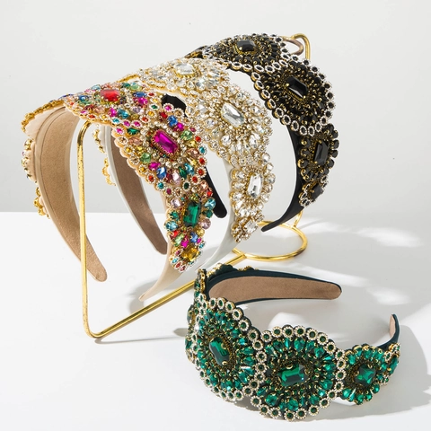 Cerchietto Barocco Largo con Strass per Donna Lussuoso Cerchietto Imbottito in Tessuto Bianco Nero Verde Cristallo Accessorio Capelli