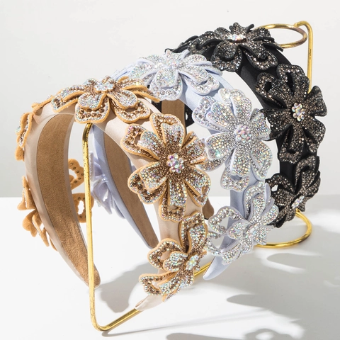Diadema Barroca Vintage con Flores 3D y Diamantes de Imitación para Mujer Elegante de Satén Diadema Acolchada Ancha Accesorios para el Cabello Boda
