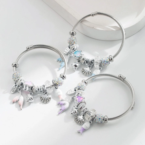 Ozean Thema Edelstahl Charm Armband Legierung Perlen Meerjungfrau Schwanz Muschel Herz Strass Verstellbarer Modeschmuck